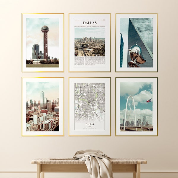 Dallas City Prints Set of 6, Dallas Photo Poster, Dallas Map, Dallas Wall Art Gallery, Dallas Photography, Texas, United States