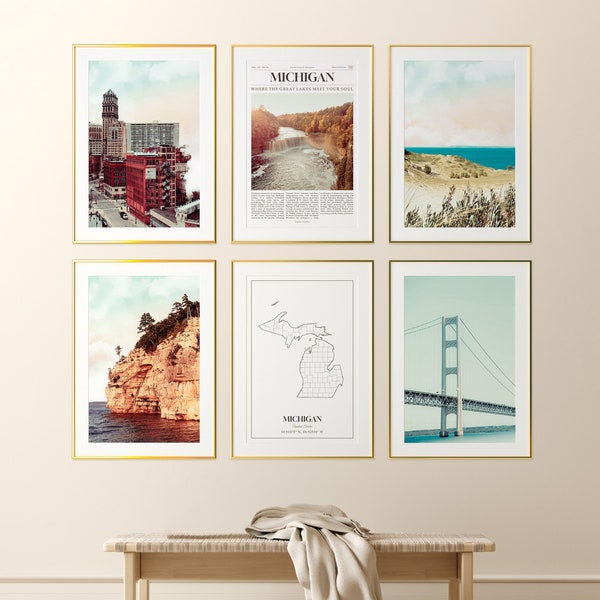 Michigan State Prints Set of 6, Michigan Photo Poster, Michigan Map, Michigan Wall Art Gallery, Michigan Photography, United States