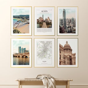 Austin City Prints Set of 6, Austin Poster Photos, Austin Map, Austin Wall Art, Austin Photography, Texas, United States