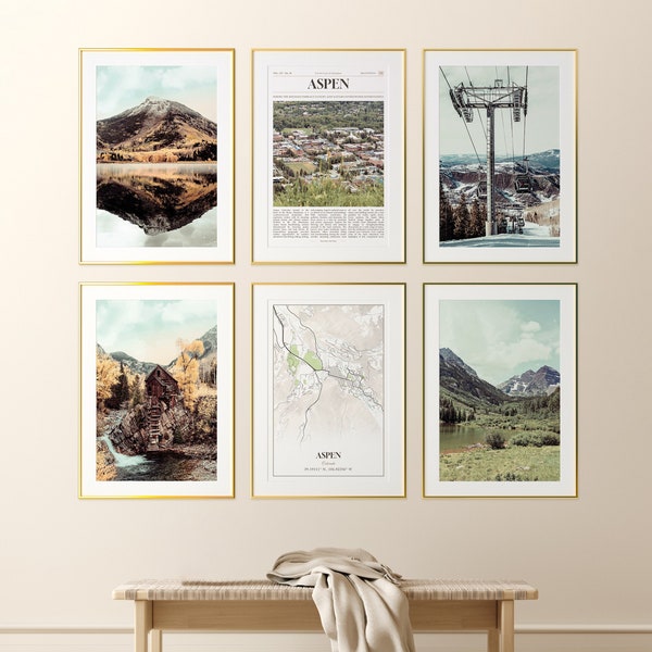 Aspen City Prints Set of 6, Aspen Poster Photos, Aspen Map, Aspen Wall Art, Aspen Photography, Colorado, United States