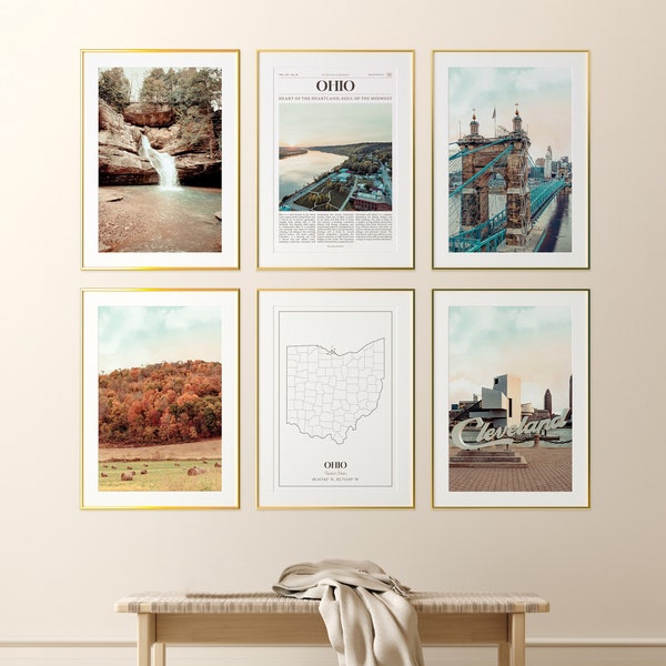 Ohio State Prints Set of 6, Ohio Photo Poster, Ohio Map, Ohio Wall Art Gallery, Ohio Photography, United States