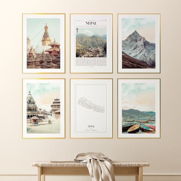 Nepal Prints Set of 6, Nepal Poster Photos, Nepal Map, Nepal Wall Art, Nepal Photography, Nepal