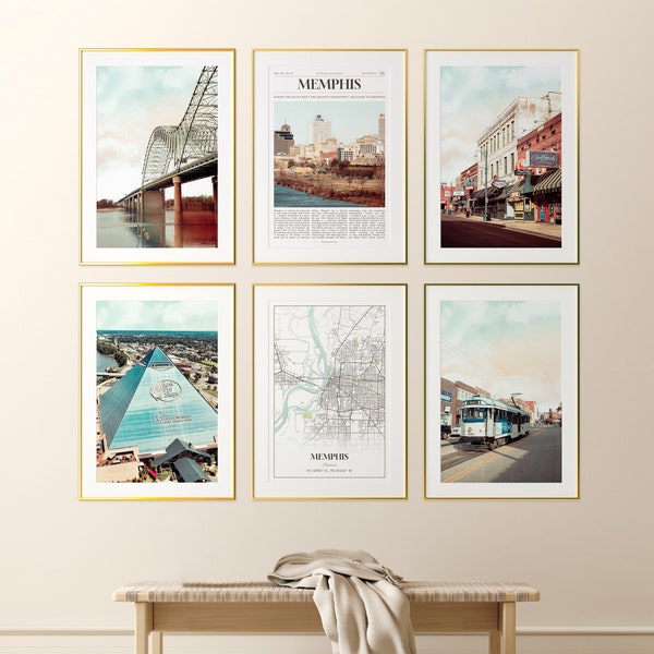 Memphis City Prints Set of 6, Memphis Poster Photos, Memphis Map, Memphis Wall Art, Memphis Photography, Tennessee, United States