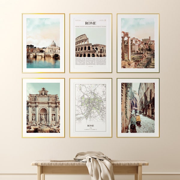 Rome City Prints Set of 6, Rome Photo Poster, Rome Map, Rome Wall Art Gallery, Rome Photography, Italy