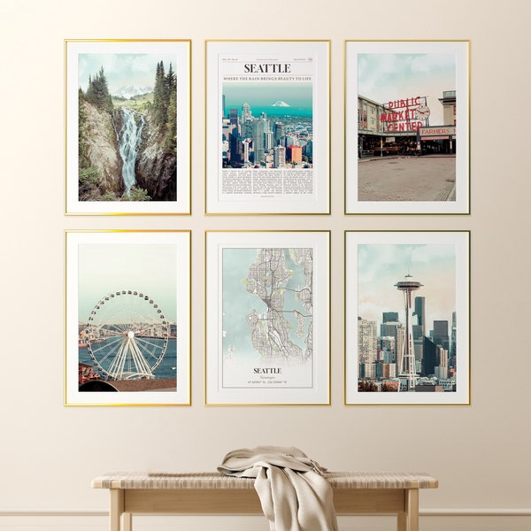 Seattle City Prints Set of 6, Seattle Photo Poster, Seattle Map, Seattle Wall Art Gallery, Seattle Photography, Washington, United States