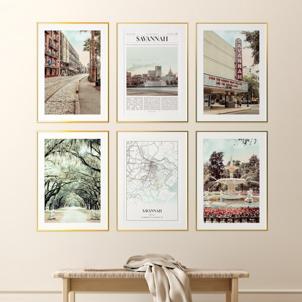 Savannah City Prints Set of 6, Savannah Photo Poster, Savannah Map, Savannah Wall Art Gallery, Savannah Photography, Georgia, United States