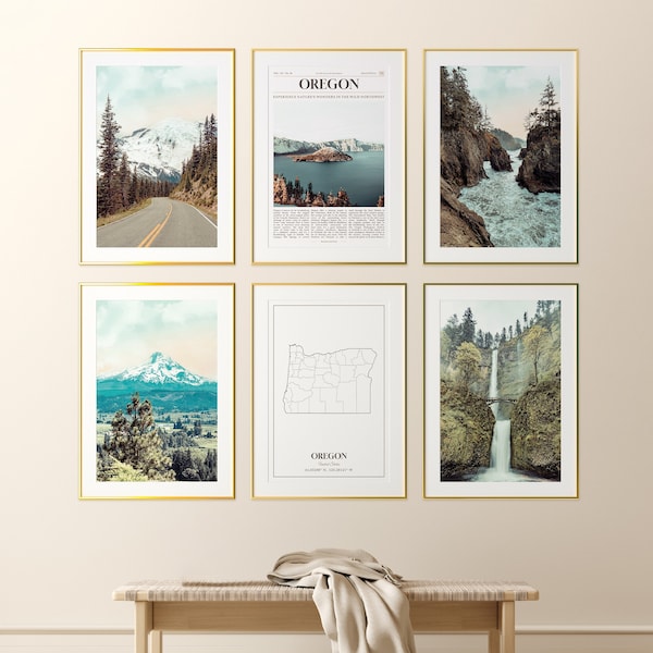 Oregon State Prints Set of 6, Oregon Photo Poster, Oregon Map, Oregon Wall Art Gallery, Oregon Photography, United States