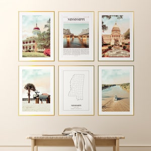 Mississippi State Prints Set of 6, Mississippi Poster Photos, Mississippi Map, Mississippi Wall Art, Mississippi Photography, United States image 1