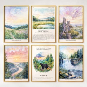 Juego de 6 impresiones en acuarela de Virginia Occidental, pósteres coloridos de Virginia Occidental, arte mural de Virginia Occidental, regalo de Virginia Occidental, Estados Unidos