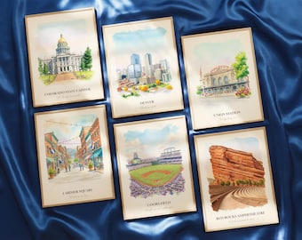 Denver CO Watercolor Prints Gallery Wall, Colorful Denver Painting Posters, Denver Wall Art, Denver Gift, Colorado, United States