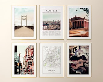 May include: Six framed art prints with gold frames. The prints feature images of Nashville, Tennessee, including a bridge, city skyline, Parthenon, street scene, city map, and a musician playing guitar.