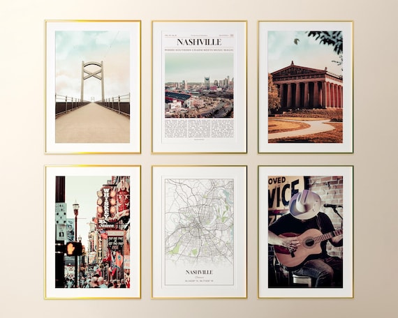 Nashville Prints Set of 6, Nashville Poster Photos, Nashville Map, Nashville Wall Art, Nashville Photography, Tennessee Art