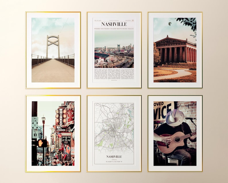 May include: Six framed art prints with gold frames. The prints feature images of Nashville, Tennessee, including a bridge, city skyline, Parthenon, street scene, city map, and a musician playing guitar.
