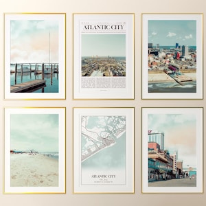 Atlantic City City wordt afgedrukt, set van 6, posterfoto's Atlantic City, kaart Atlantic City, fotografie Atlantic City, New Jersey, Verenigde Staten