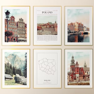 Conjunto de 6 impresiones de Polonia, pósteres, mapas, arte mural, fotografía