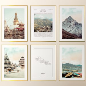 Conjunto de 6 impressões do Nepal, fotos de pôsteres do Nepal, mapa do Nepal, arte de parede do Nepal, fotografia do Nepal, Nepal