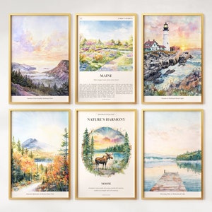 Juego de 6 impresiones en acuarela de Maine, pósteres coloridos de Maine, alces, arte mural de Maine, regalo de Maine, Estados Unidos