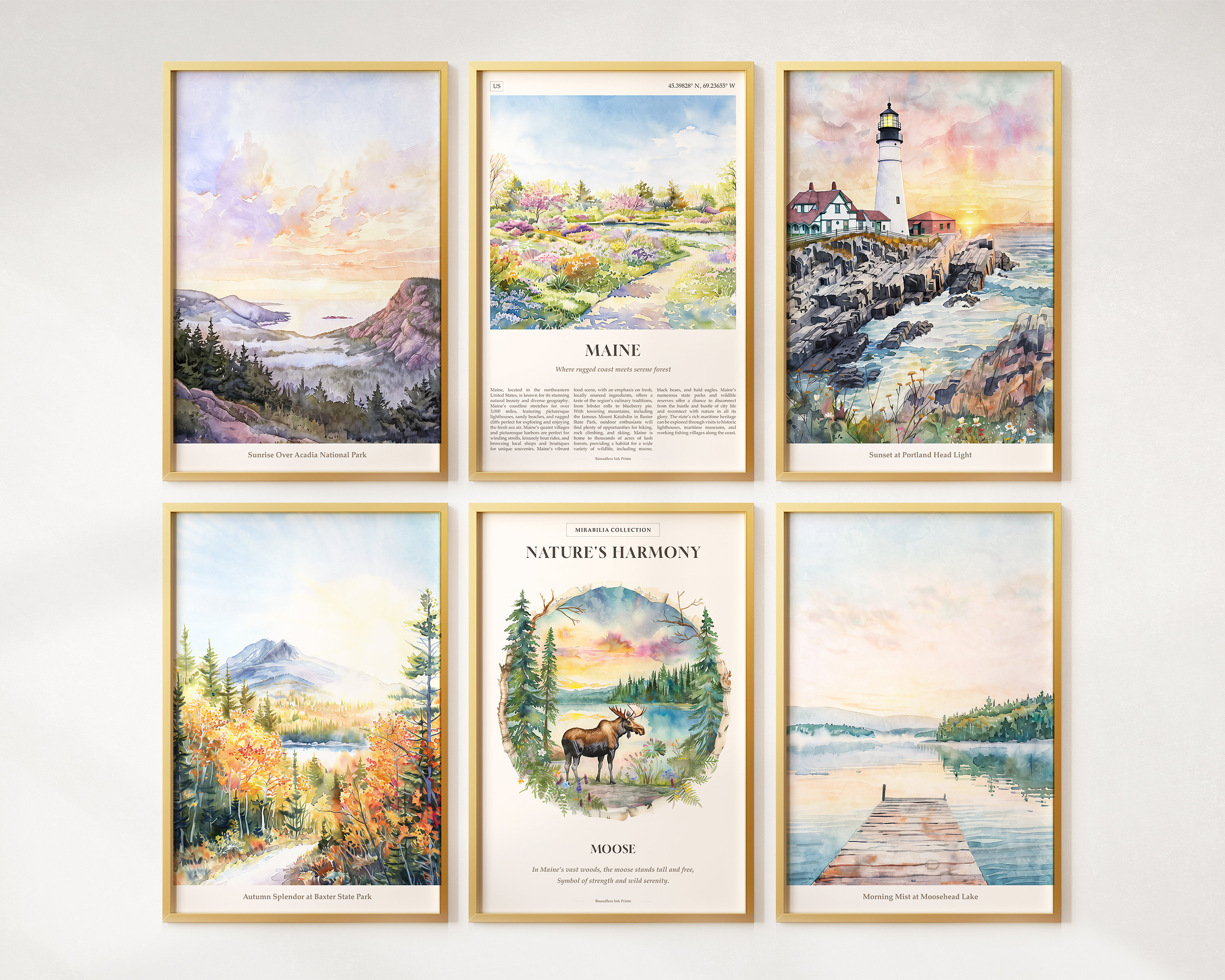 Watercolor Maine Prints Set of 6, Colorful Maine Posters, Moose, Maine Wall Art, Maine Gift, United States