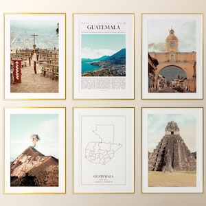 Juego de 6 impresiones de Guatemala, póster fotográfico de Guatemala, mapa de Guatemala, galería de arte mural de Guatemala, fotografía de Guatemala, Guatemala