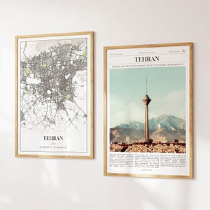Juego de 2 impresiones de la ciudad de Teherán, mapa de Teherán, póster fotográfico de Teherán, arte mural de Teherán, fotografía de Teherán, Irán