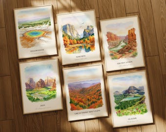 US National Parks Watercolor Prints Gallery Wall Art, Yellowstone, Yosemite, Grand Canyon, Zion, Great Smoky Mountains, Glacier