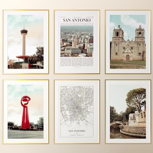 Conjunto de 6 impresiones de la ciudad de San Antonio, póster fotográfico de San Antonio, mapa de San Antonio, fotografía de San Antonio, Texas, Estados Unidos