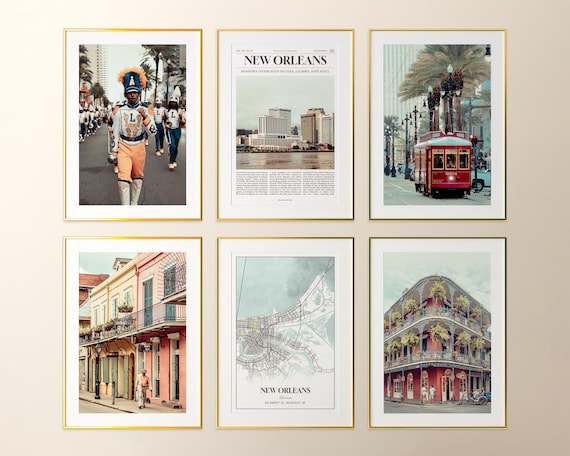 New Orleans Prints Set of 6, New Orleans Poster Photos, New Orleans Map, New Orleans Wall Art, New Orleans Photography, Louisiana Art