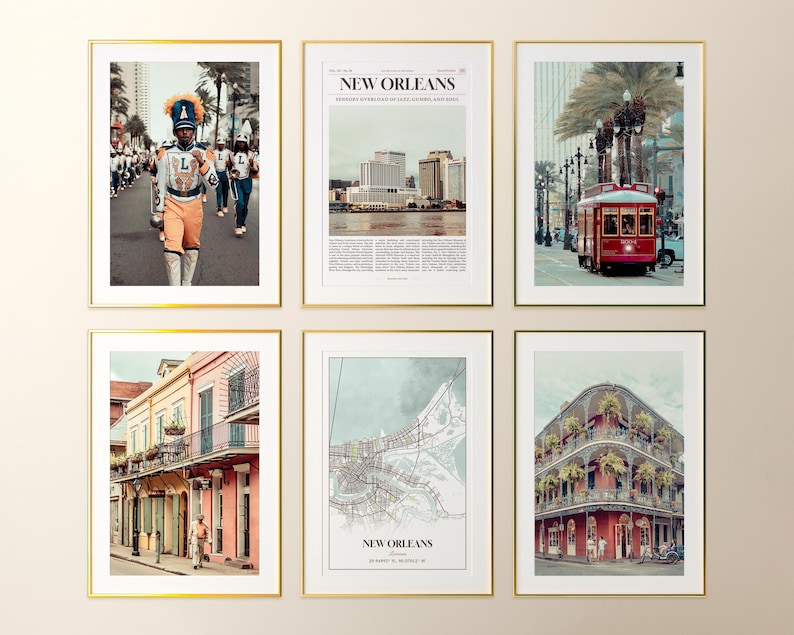 Puede incluir: Seis impresiones art&iacute;sticas enmarcadas con marcos dorados. Las impresiones presentan im&aacute;genes de Nueva Orleans, incluyendo una banda de m&uacute;sica, escenas callejeras, un mapa y un tranv&iacute;a. Las impresiones tienen una est&eacute;tica vintage y se muestran sobre un fondo neutro.