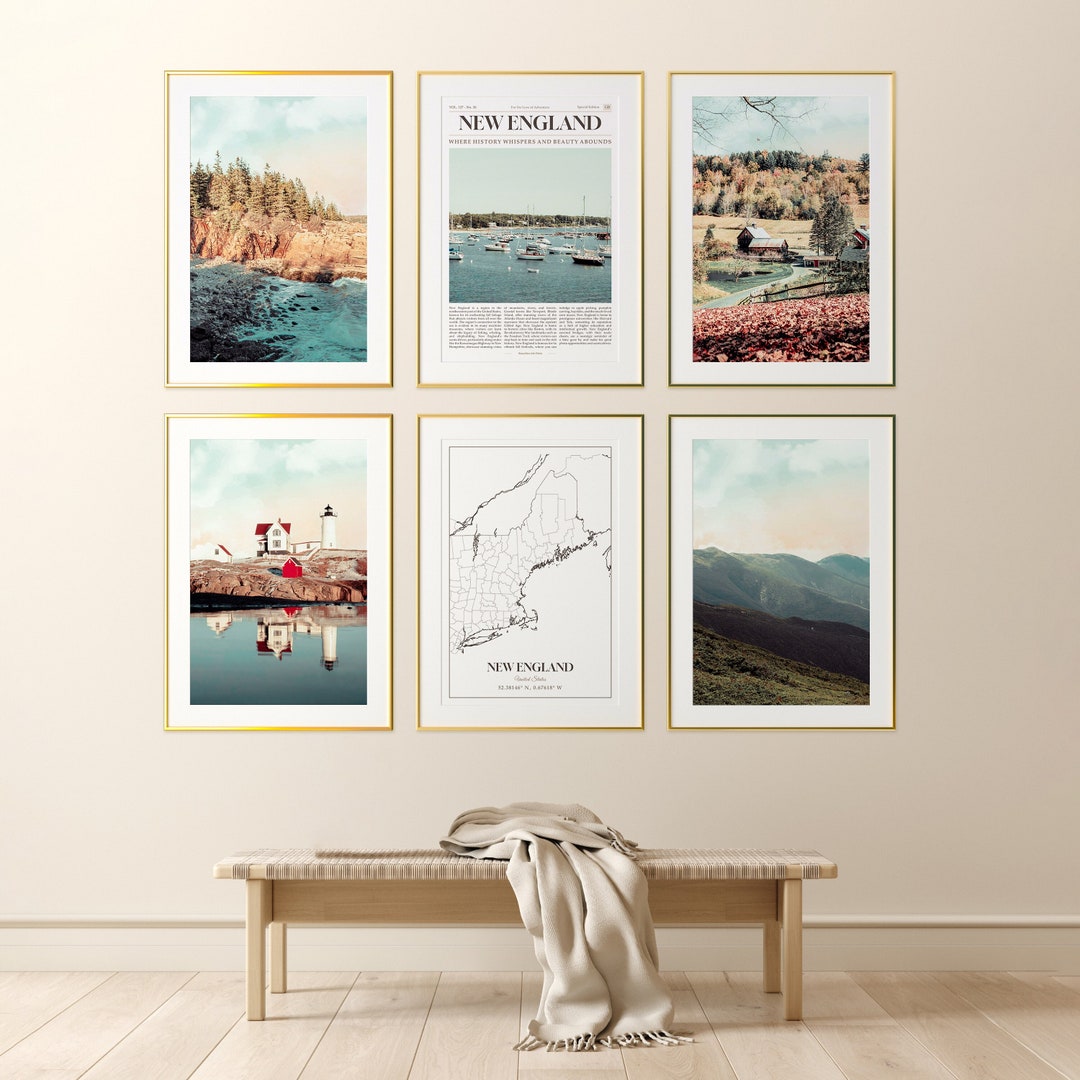 New England State Prints Set of 6, New England Poster Photos, New