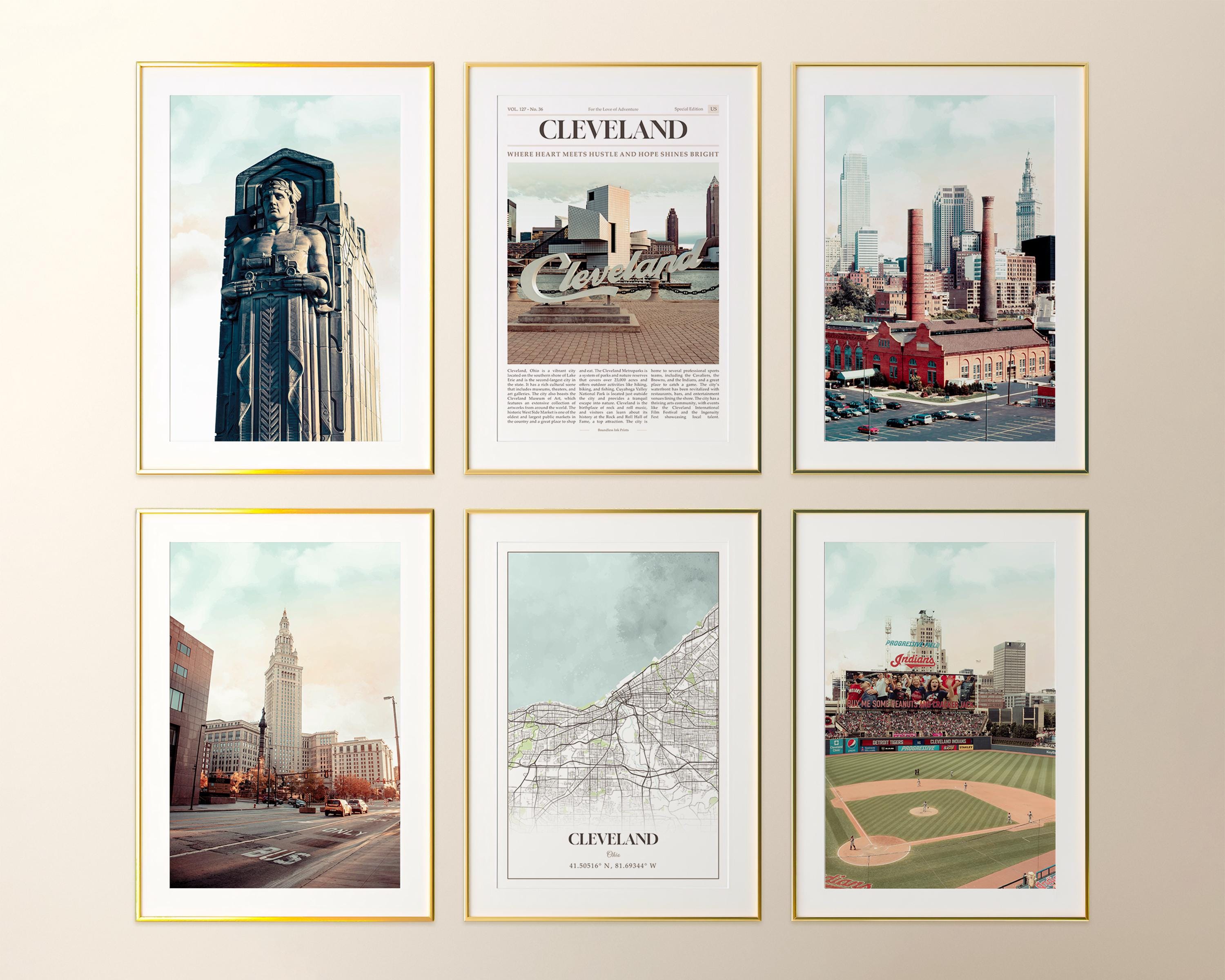 Cleveland City Prints Set van 6, Cleveland Poster Photos, Cleveland Map, Cleveland Wall Art, Cleveland Photography, Ohio, Verenigde Staten