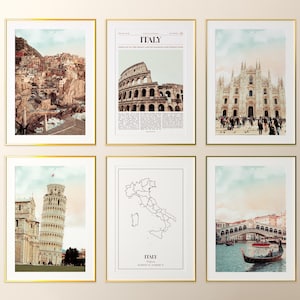 Conjunto de 6 impressões da Itália, fotos de pôsteres da Itália, mapa da Itália, arte de parede da Itália, fotografia da Itália, Itália