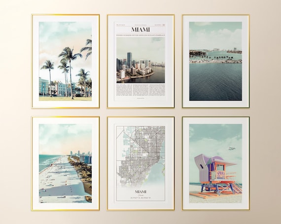 Miami Prints Set of 6, Miami Poster Photos, Miami Map, Miami Wall Art, Miami Photography, Florida Art