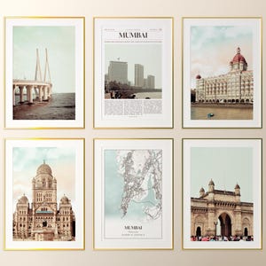 Conjunto de 6 impressões da cidade de Mumbai, fotos de pôsteres de Mumbai, mapa de Mumbai, arte de parede de Mumbai, fotografia de Mumbai, Maharashtra, Índia