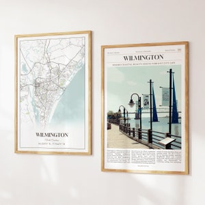 Lot de 2 tirages de la ville de Wilmington, carte de Wilmington, affiche photo de Wilmington, photographie de Wilmington, Caroline du Nord, États-Unis