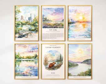 Watercolor New York Prints Set of 6, Colorful New York Posters, New York Wall Art, New York Gift, United States