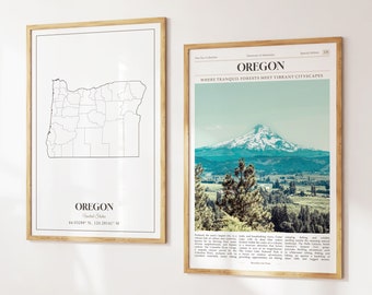 Oregon State Prints Set of 2, Oregon Map, Oregon Poster Photo, Oregon Wall Art, Oregon Photography, United States