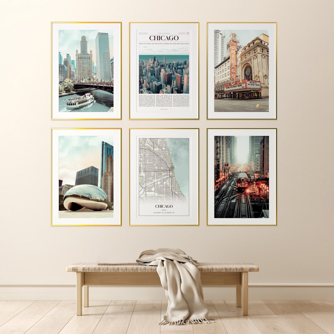 Chicago City Prints Set of 6, Chicago Photo Poster, Chicago Map