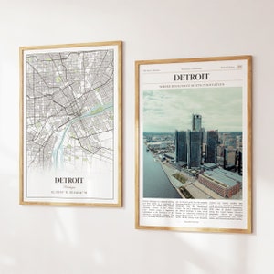 Lot de 2 impressions sur la ville de Detroit, carte de Detroit, affiche photo de Detroit, art mural de Detroit, photographie de Detroit, Michigan, États-Unis