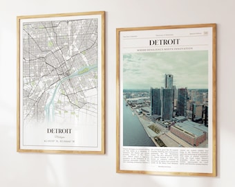 Lot de 2 impressions sur la ville de Detroit, carte de Detroit, affiche photo de Detroit, art mural de Detroit, photographie de Detroit, Michigan, États-Unis