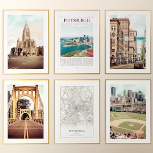 Conjunto de 6 impresiones de la ciudad de Pittsburgh, póster fotográfico de Pittsburgh, mapa de Pittsburgh, fotografía de Pittsburgh, Pensilvania, Estados Unidos