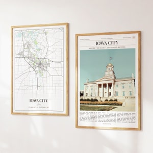 Iowa City Prints Set de 2, Mapa de la ciudad de Iowa, Foto del cartel de la ciudad de Iowa, Arte de la pared de la ciudad de Iowa, Fotografía de la ciudad de Iowa, Iowa, Estados Unidos