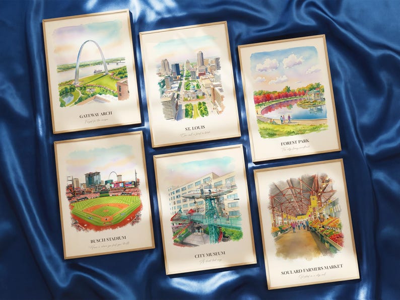 St. Louis MO Watercolor Prints Gallery Wall, Colorful St. Louis Painting Posters, St. Louis Gift, Missouri, United States image 1