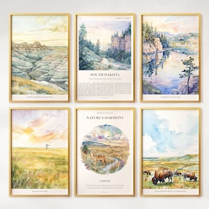 Juego de 6 impresiones en acuarela de Dakota del Sur, carteles coloridos de Dakota del Sur, coyote, arte mural de Dakota del Sur, regalo de Dakota del Sur, Estados Unidos
