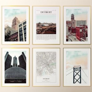 Conjunto de 6 impressões da cidade de Detroit, pôster fotográfico de Detroit, mapa de Detroit, galeria de arte de parede de Detroit, fotografia de Detroit, Michigan, Estados Unidos