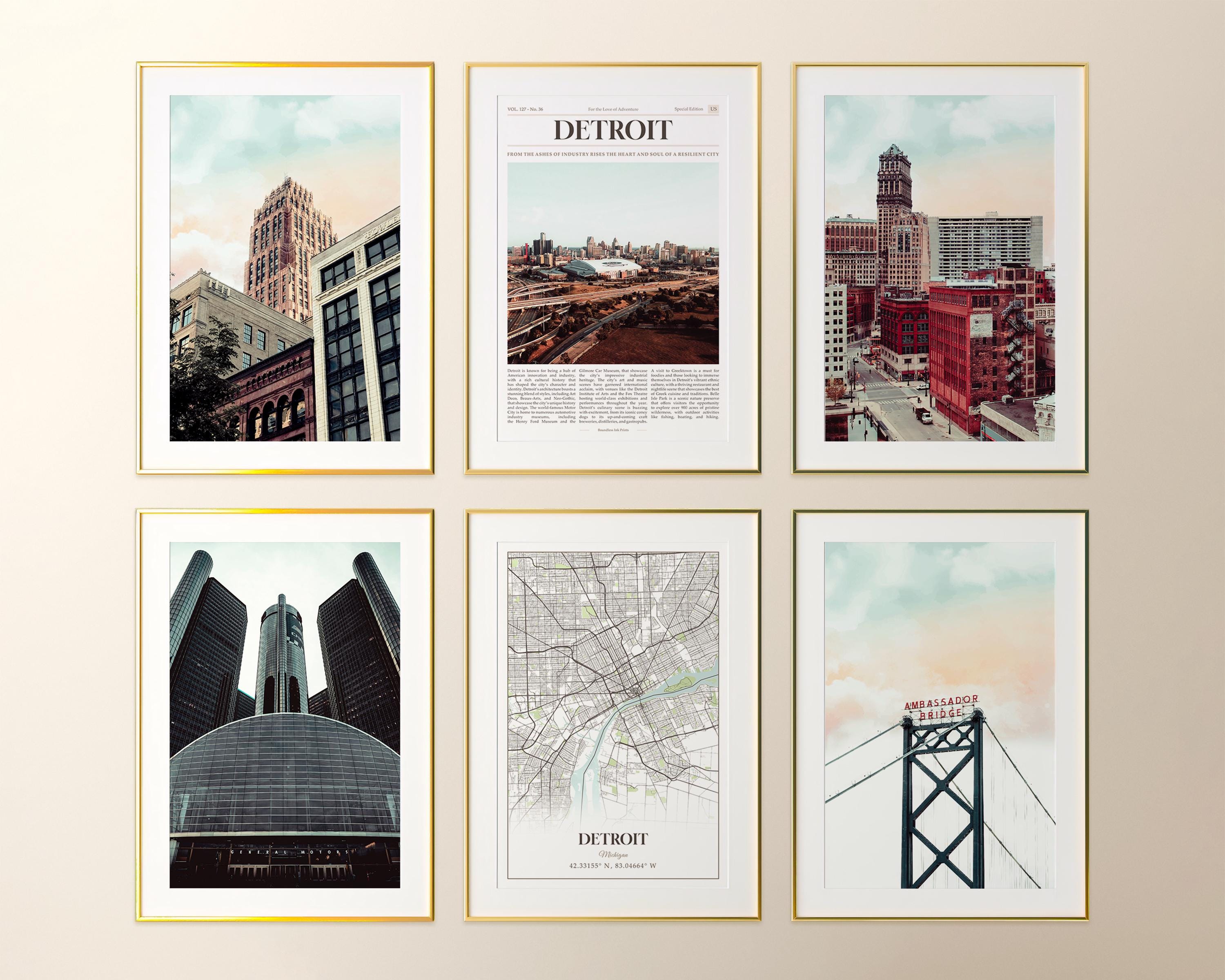 Detroit City Prints Set of 6, Detroit Photo Poster, Detroit Map, Detroit Wall Art Gallery, Detroit Photography, Michigan, United States