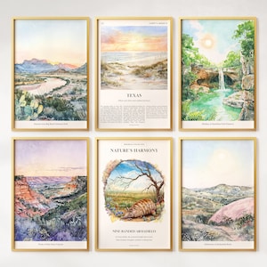Watercolor Texas Prints Set of 6, Colorful Texas Posters, Nine-banded armadillo, Texas Wall Art, Texas Gift, United States