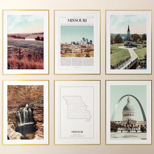 Conjunto de 6 impressões do estado do Missouri, pôster fotográfico do Missouri, mapa do Missouri, galeria de arte de parede do Missouri, fotografia do Missouri, Estados Unidos