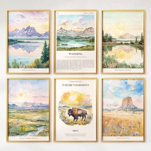 Lot de 6 impressions aquarelle Wyoming, affiches colorées du Wyoming, oeuvre d'art murale Wyoming, cadeau Wyoming, États-Unis