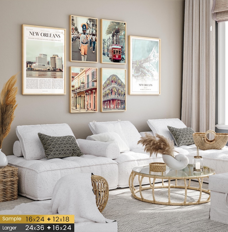 Juego de 6 láminas de Nueva Orleans, fotos de pósteres de Nueva Orleans, mapa de Nueva Orleans, arte mural de Nueva Orleans, fotografía de Nueva Orleans, arte de Luisiana imagen 2