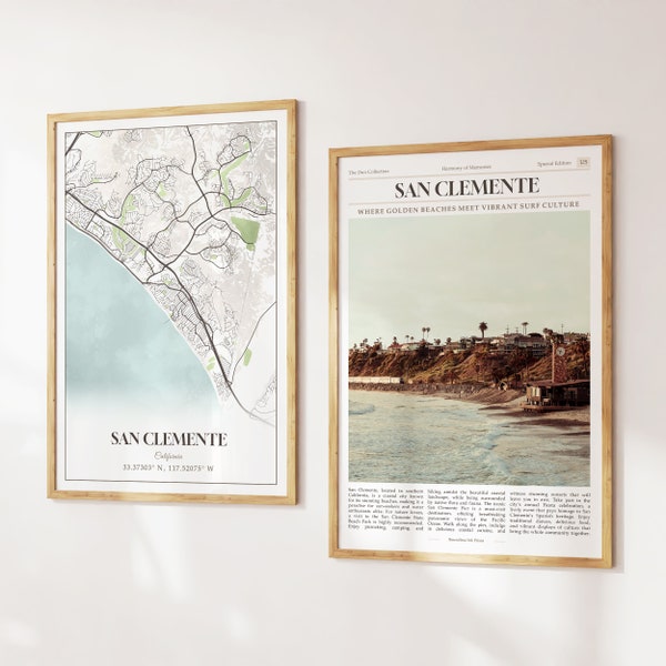 San Clemente City Prints Set of 2, San Clemente Map, San Clemente Poster Photo, San Clemente Photography, California, United States